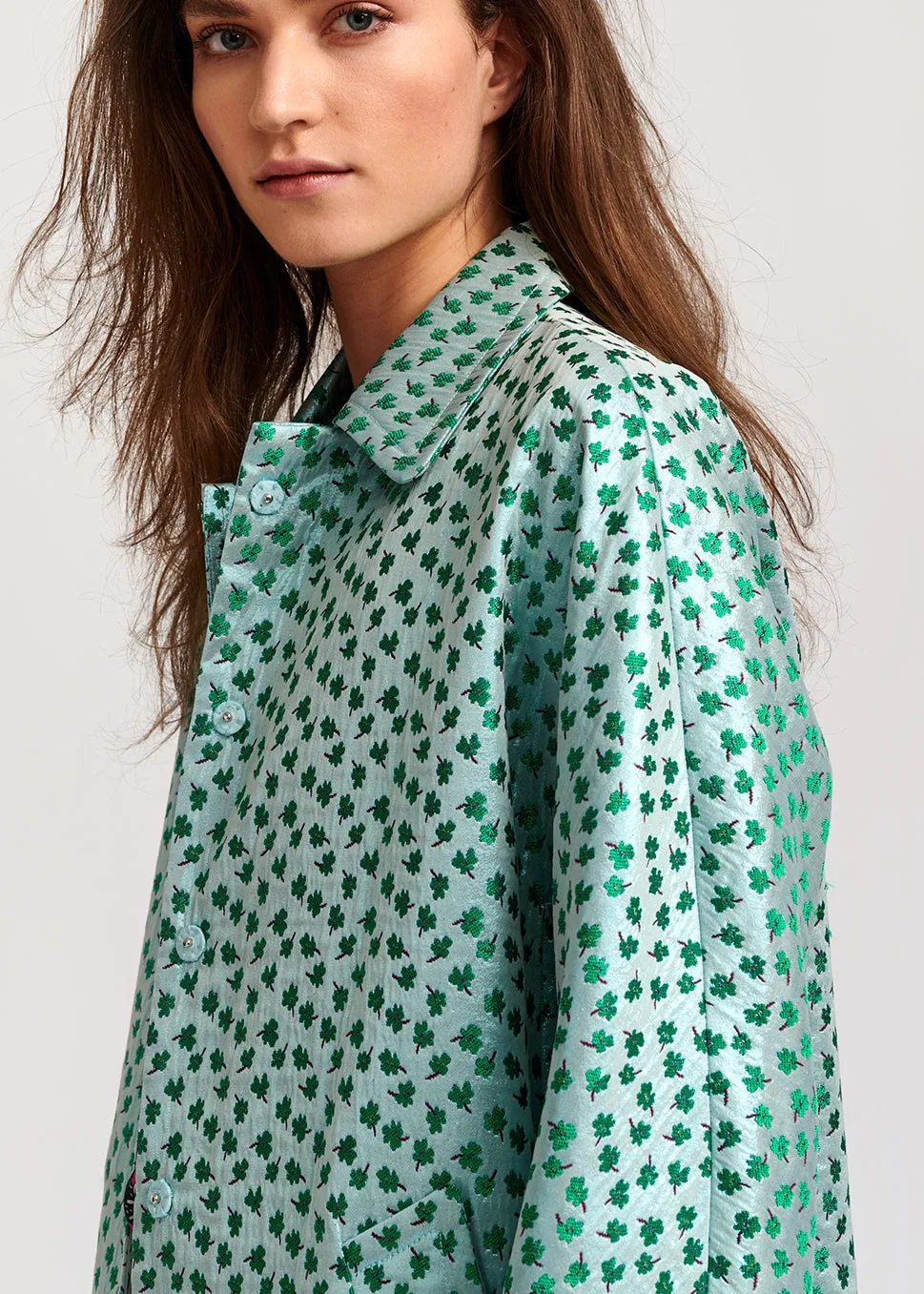 Mint green clover-print single-breasted coat