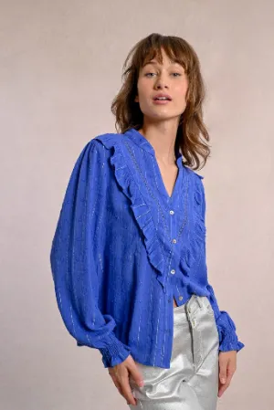 Molly Bracken Ruffled Metallic Pinstripe Blouse