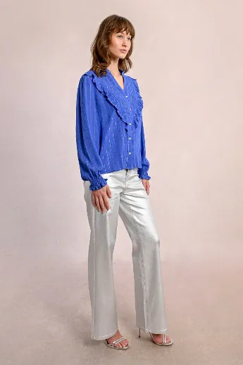 Molly Bracken Ruffled Metallic Pinstripe Blouse