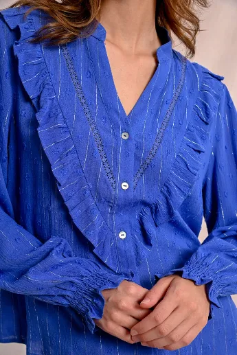 Molly Bracken Ruffled Metallic Pinstripe Blouse