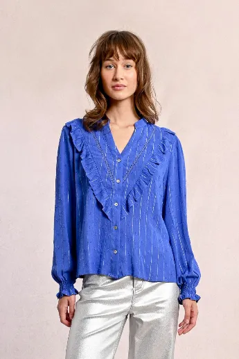 Molly Bracken Ruffled Metallic Pinstripe Blouse