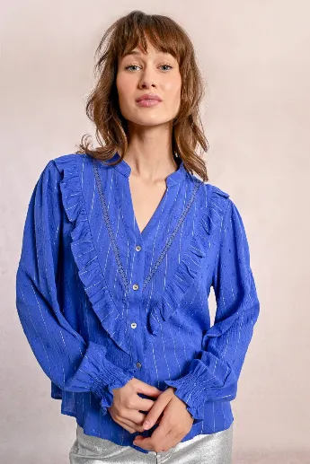 Molly Bracken Ruffled Metallic Pinstripe Blouse