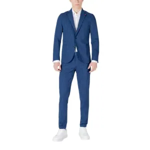 Mulish Blue Pinstripe Men's Suit with V Neck and Lapel Collar