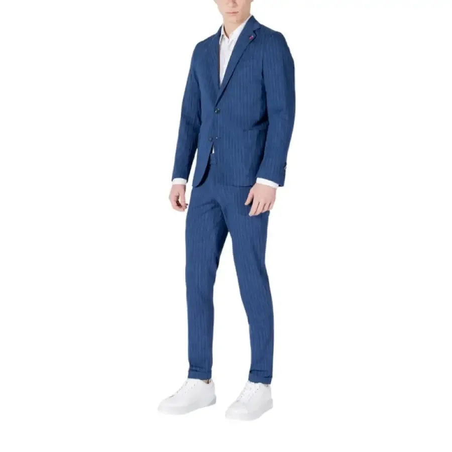 Mulish Blue Pinstripe Men's Suit with V Neck and Lapel Collar