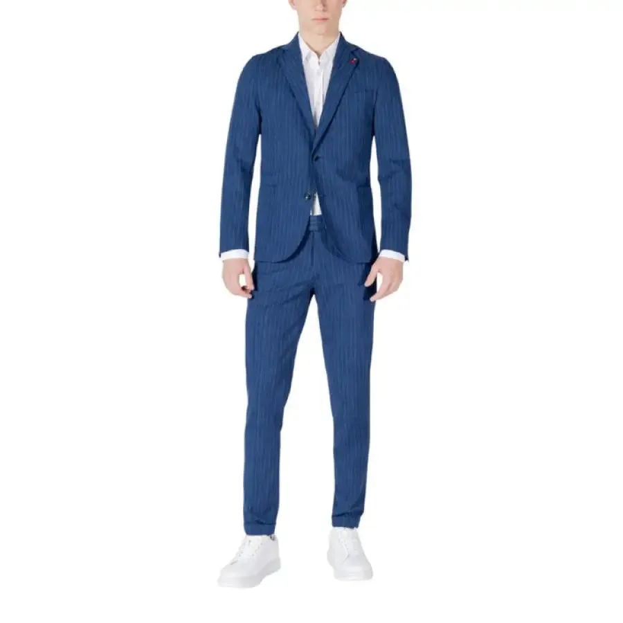 Mulish Blue Pinstripe Men's Suit with V Neck and Lapel Collar
