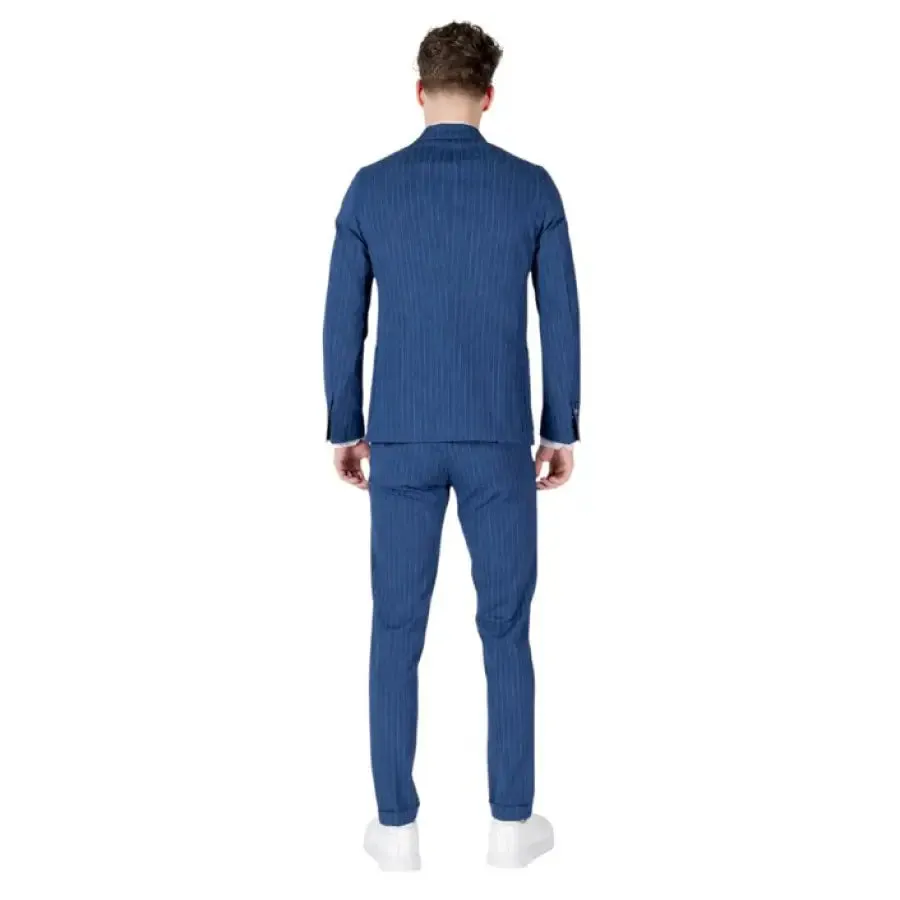 Mulish Blue Pinstripe Men's Suit with V Neck and Lapel Collar