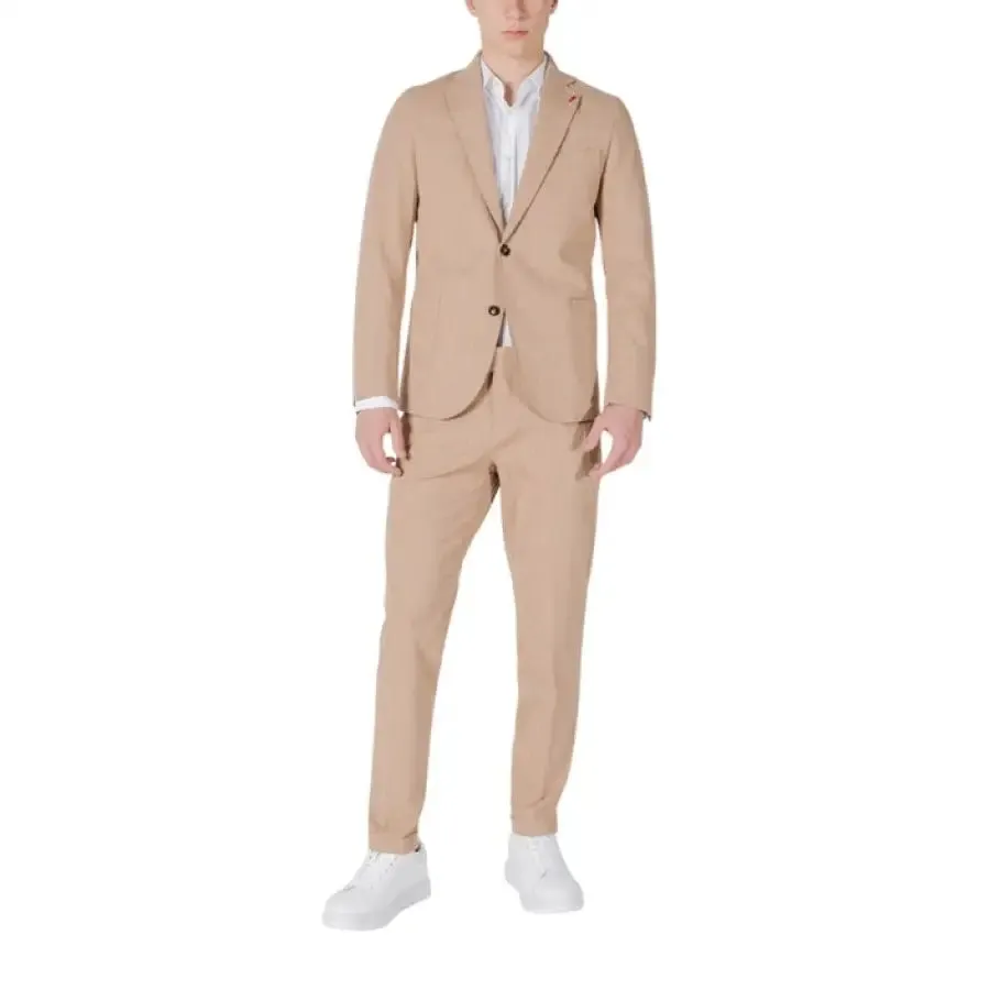 Mulish Blue Pinstripe Men's Suit with V Neck and Lapel Collar
