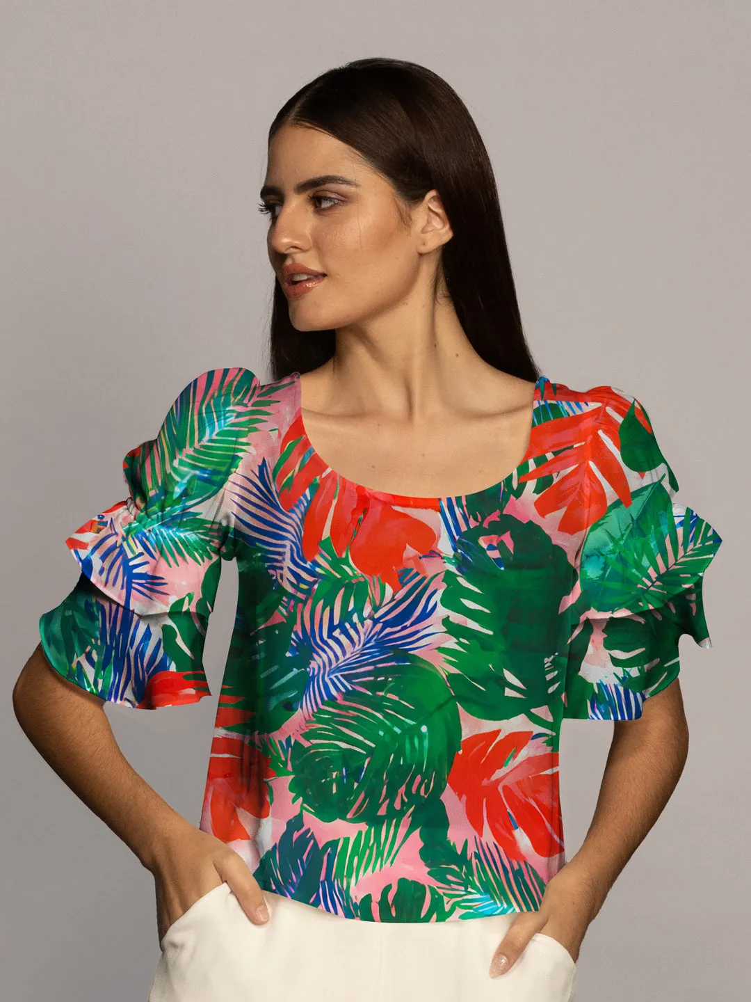 Multi Tropical Print Ruffled Sleeves Top
