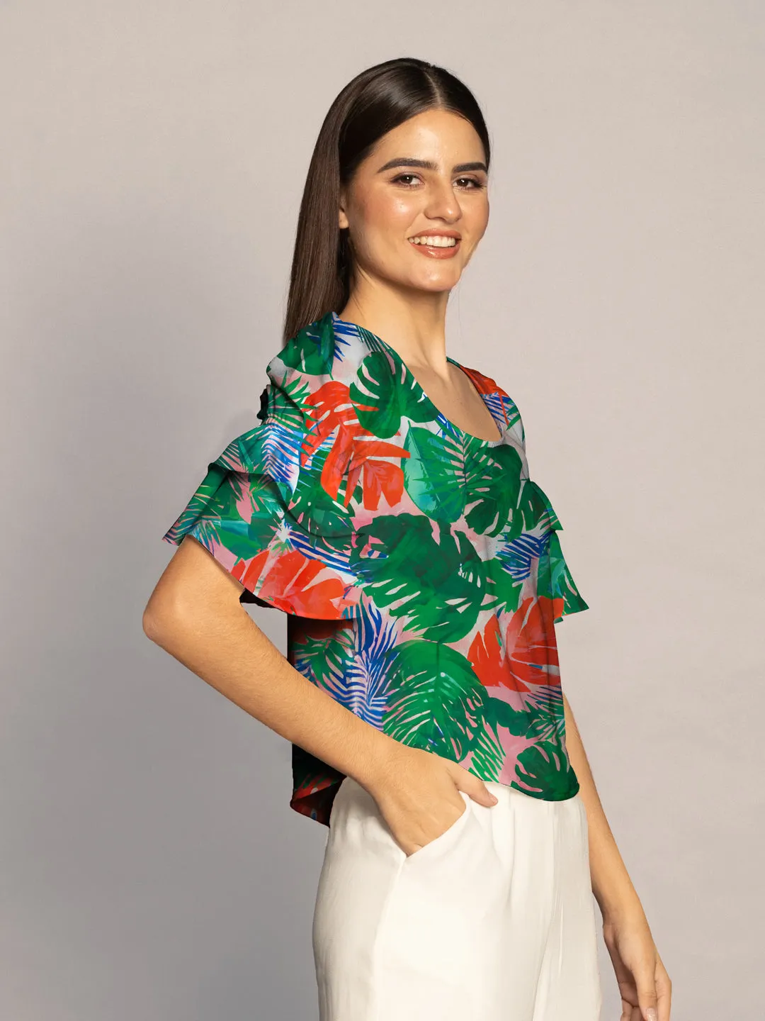 Multi Tropical Print Ruffled Sleeves Top