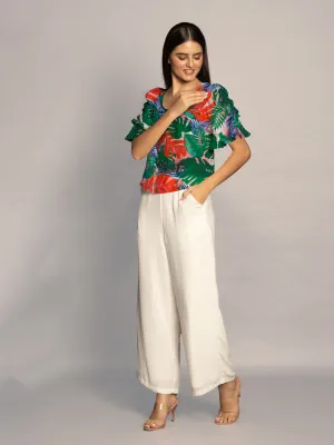 Multi Tropical Print Ruffled Sleeves Top