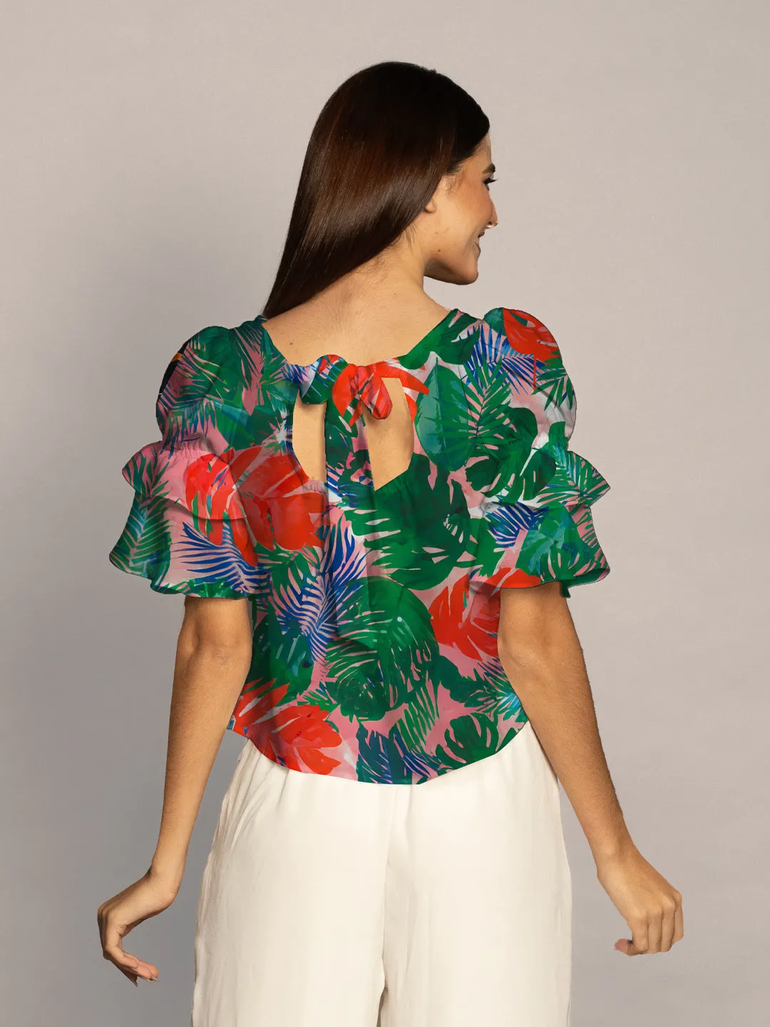 Multi Tropical Print Ruffled Sleeves Top