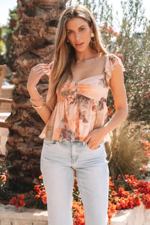 Natural Floral Print Sweetheart Babydoll Top - FINAL SALE