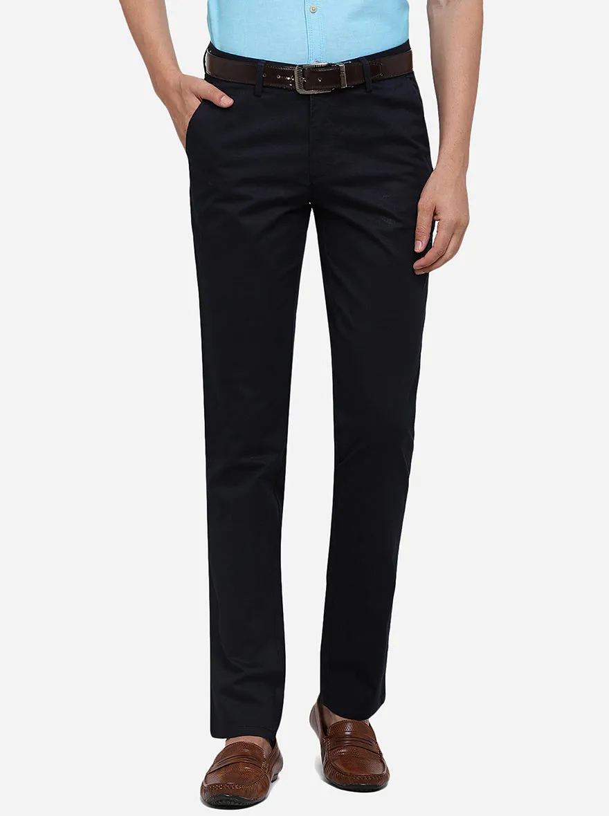 Navy Blue Solid Slim Fit Casual Trouser | JadeBlue