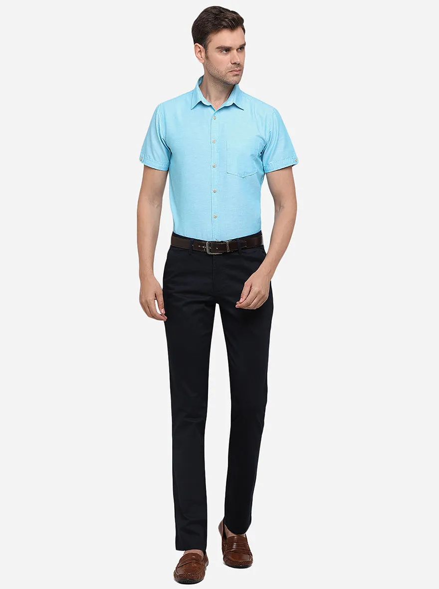 Navy Blue Solid Slim Fit Casual Trouser | JadeBlue