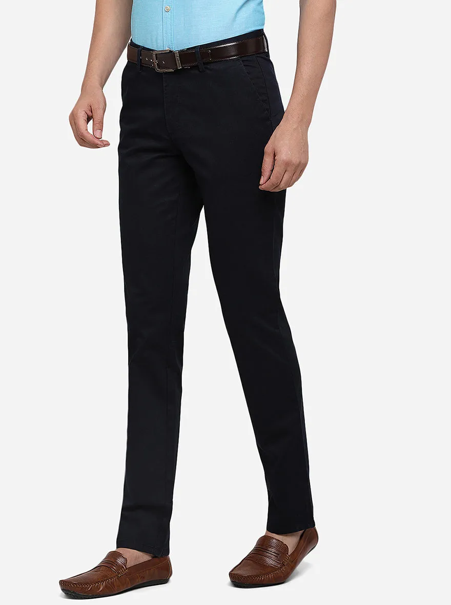 Navy Blue Solid Slim Fit Casual Trouser | JadeBlue