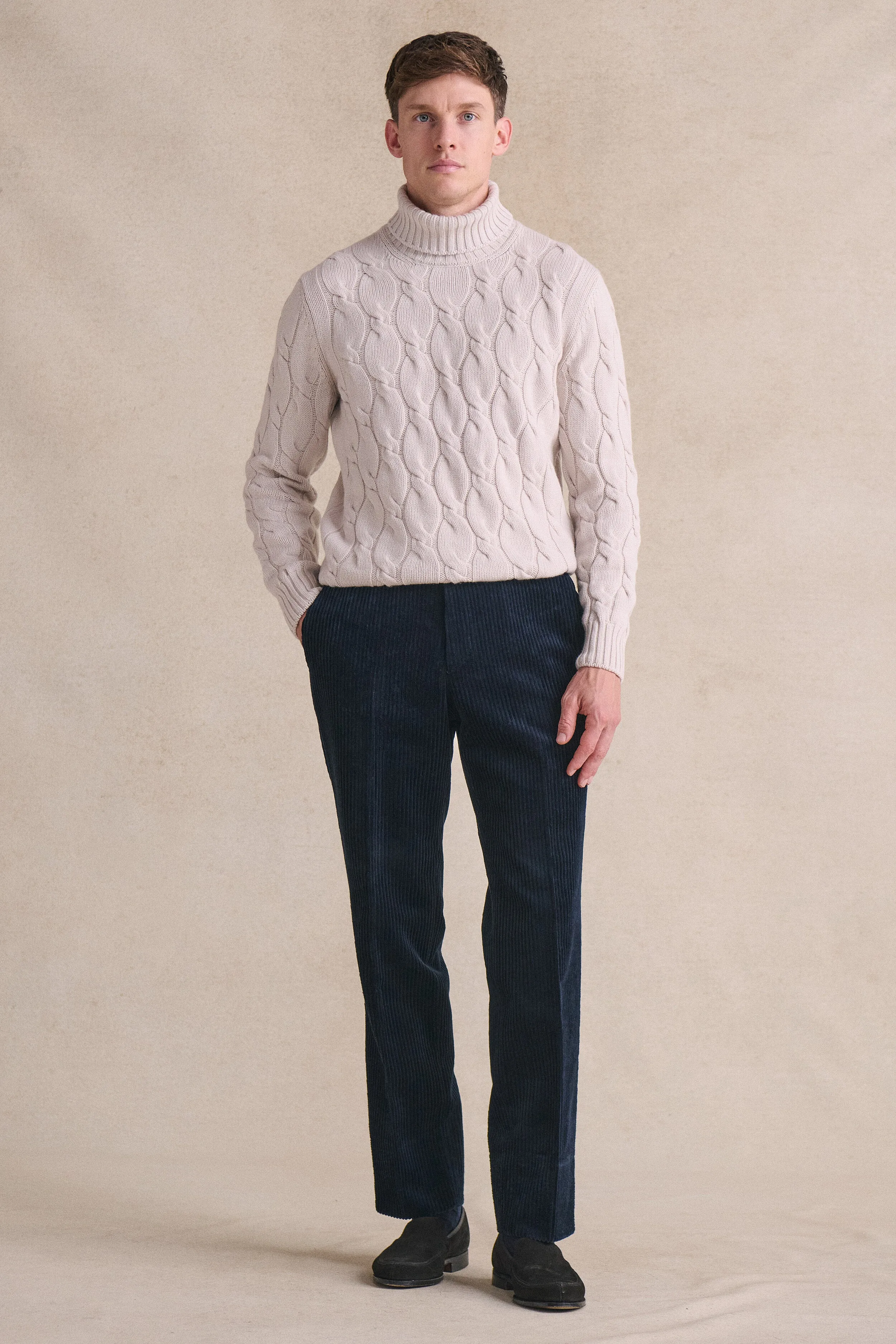Navy Flat Front 5 Wale Corduroy Trousers