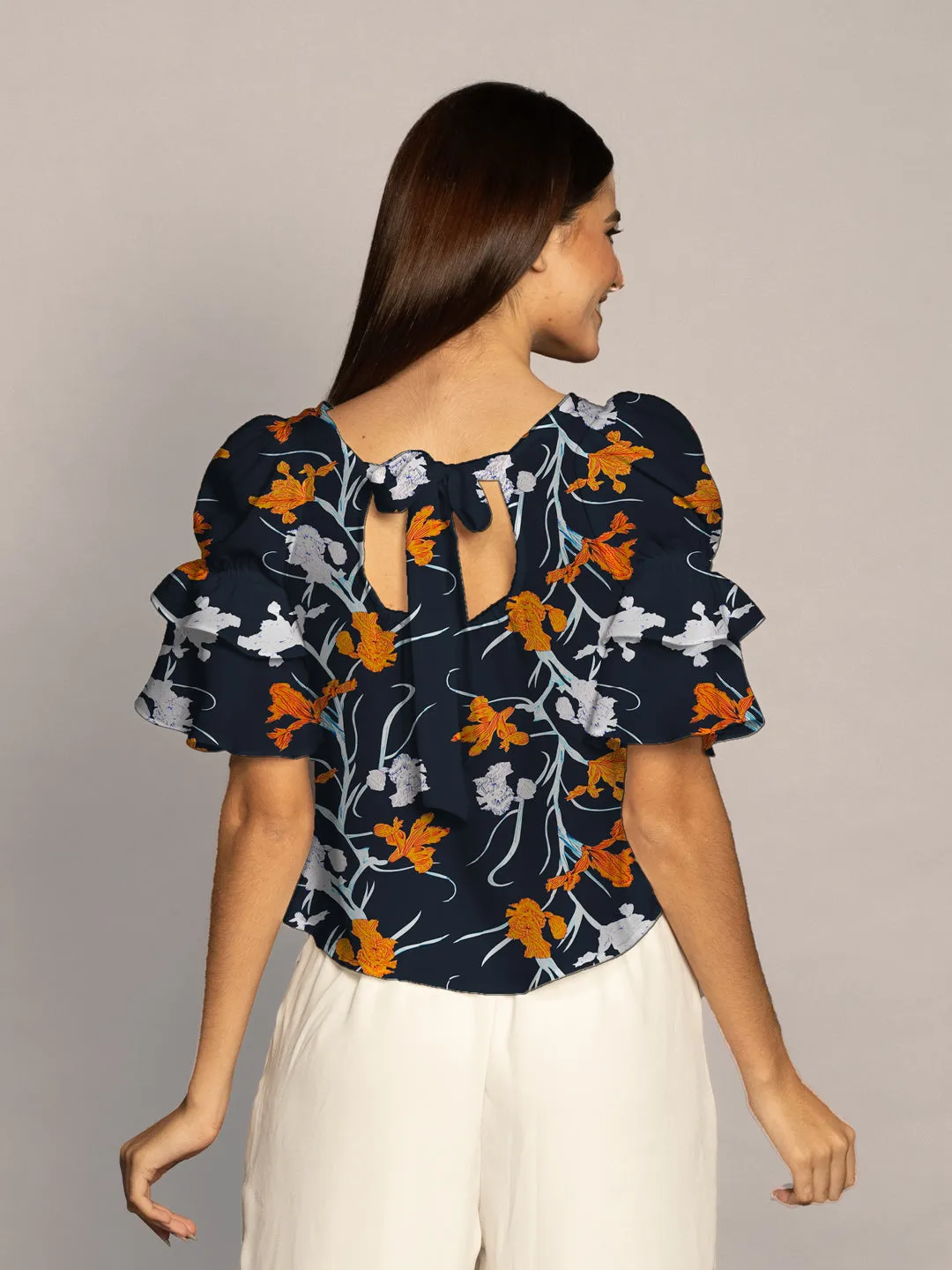 Navy Floral Print Ruffled Sleeves Top