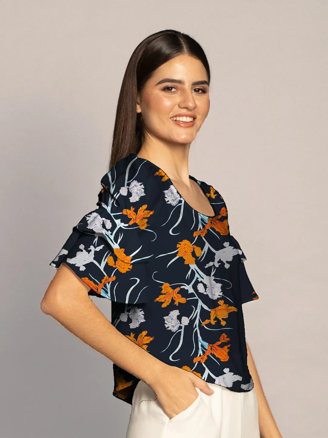 Navy Floral Print Ruffled Sleeves Top