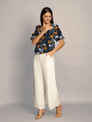 Navy Floral Print Ruffled Sleeves Top