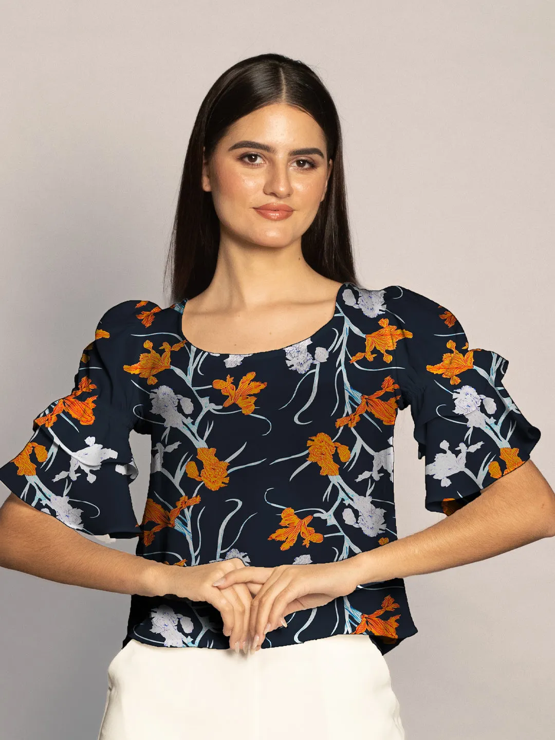 Navy Floral Print Ruffled Sleeves Top