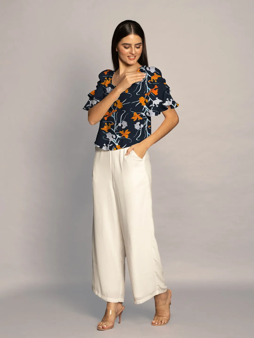 Navy Floral Print Ruffled Sleeves Top