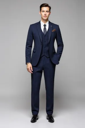 Navy Pinstripe 3 Peça Um Botão Notched Lapela Ternos Masculinos