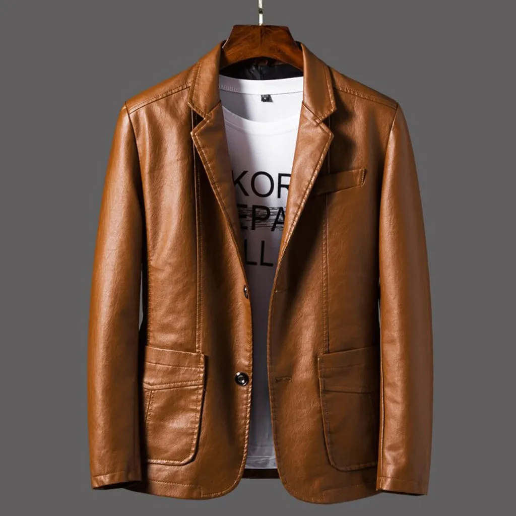 New Men Autumn Motorcycle Causal Vintage Leather Jacket Coat Men Fashion Biker Button Pocket Design PU Leather Jacket Men 6XL
