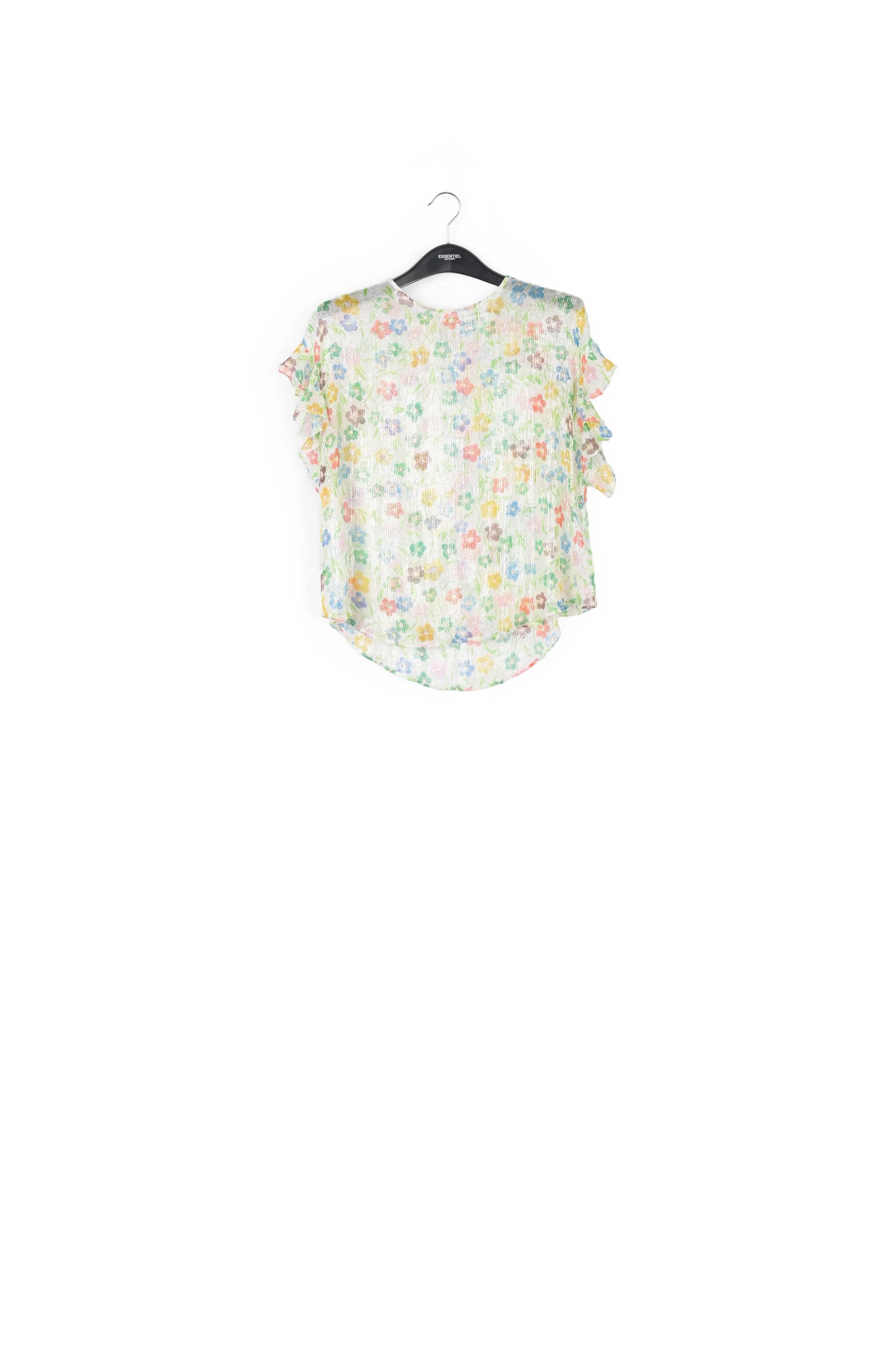 Off-white floral print top with ruffled sleeves