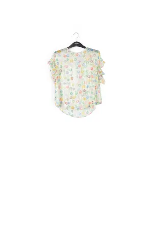 Off-white floral print top with ruffled sleeves