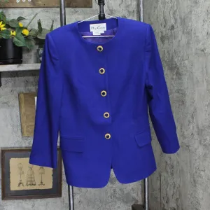 Oleg Cassini Vintage Womens Wool Petite Padded Shoulder Suit Coat Royal Blue 12P