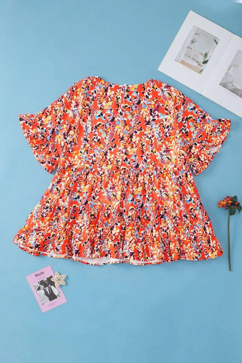 Orange Floral Ruffled Plus Size Babydoll Blouse