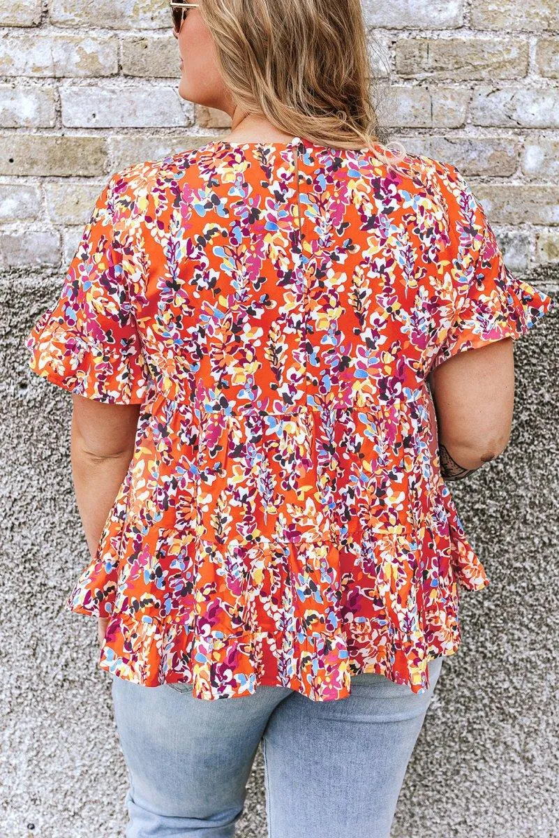 Orange Floral Ruffled Plus Size Babydoll Blouse