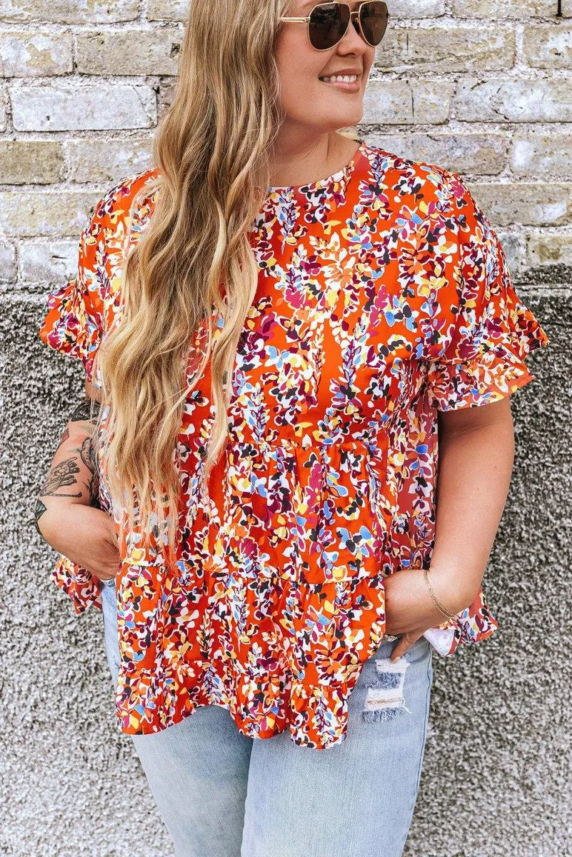 Orange Floral Ruffled Plus Size Babydoll Blouse
