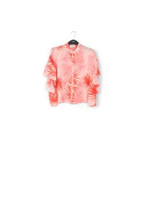 Orange ruffle-detailed top with palm leaf print