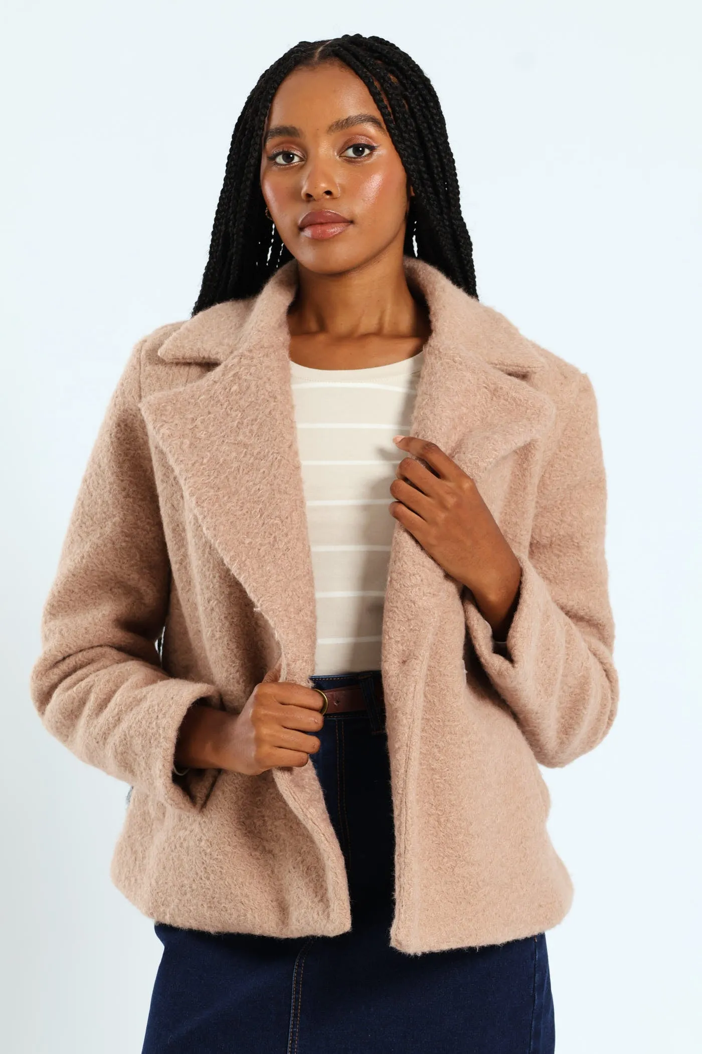 Oversized Boucle Double Breasted Jacket - Latte