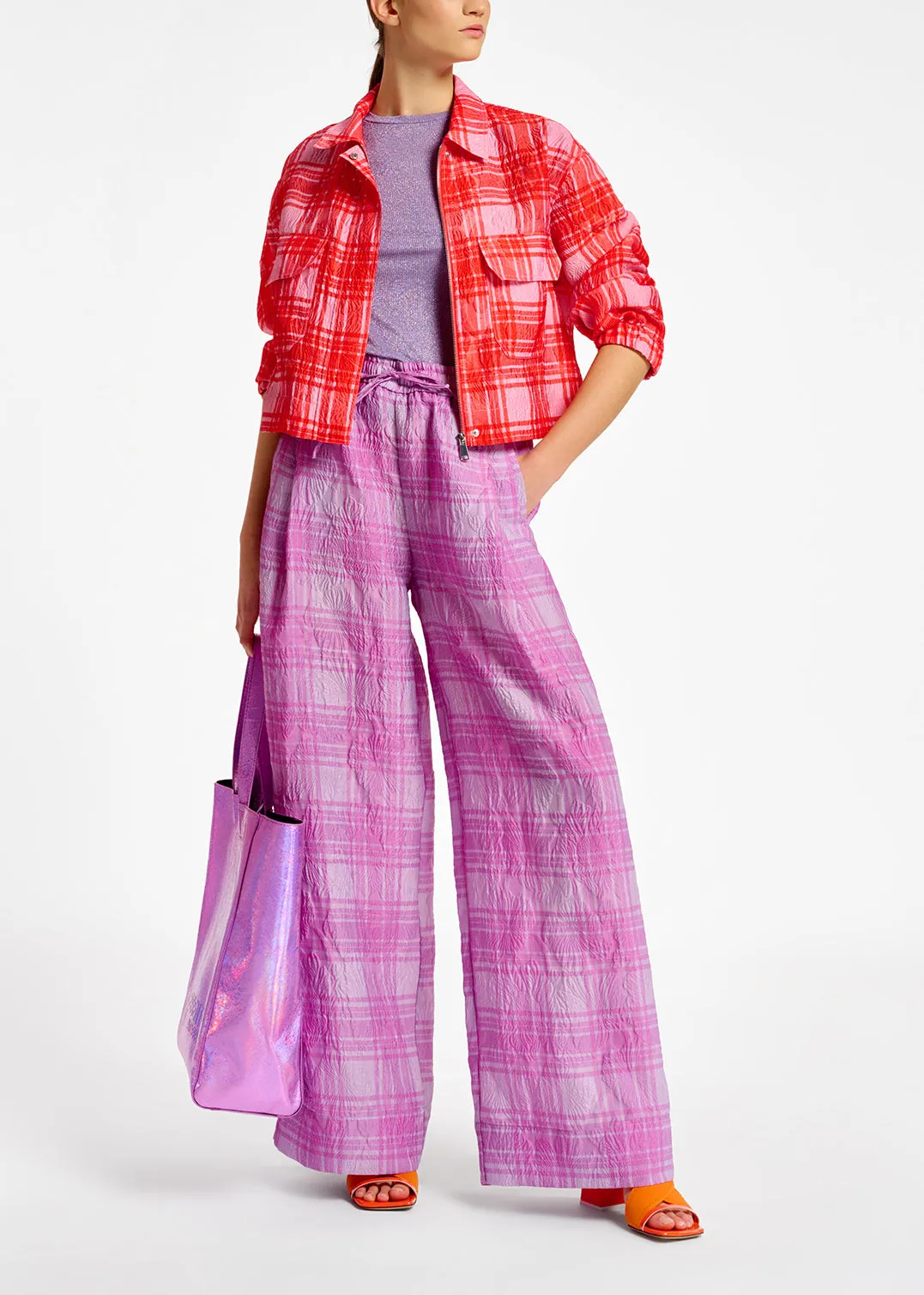 Pink and red checked cropped jacket