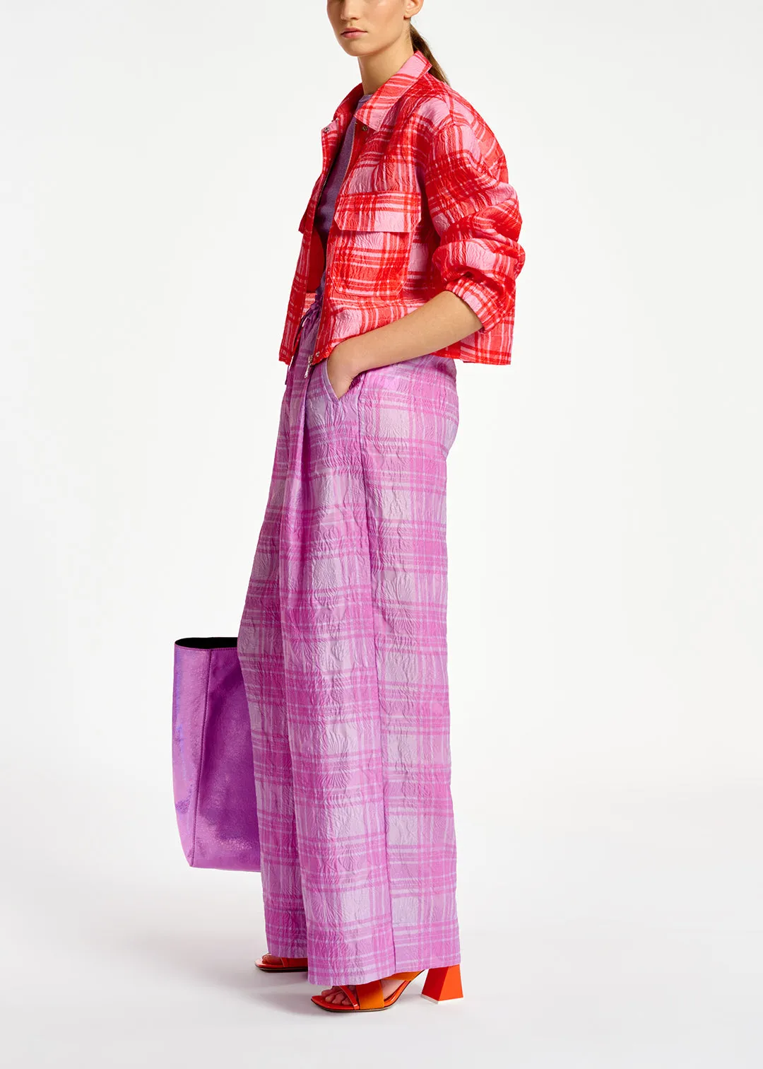 Pink and red checked cropped jacket
