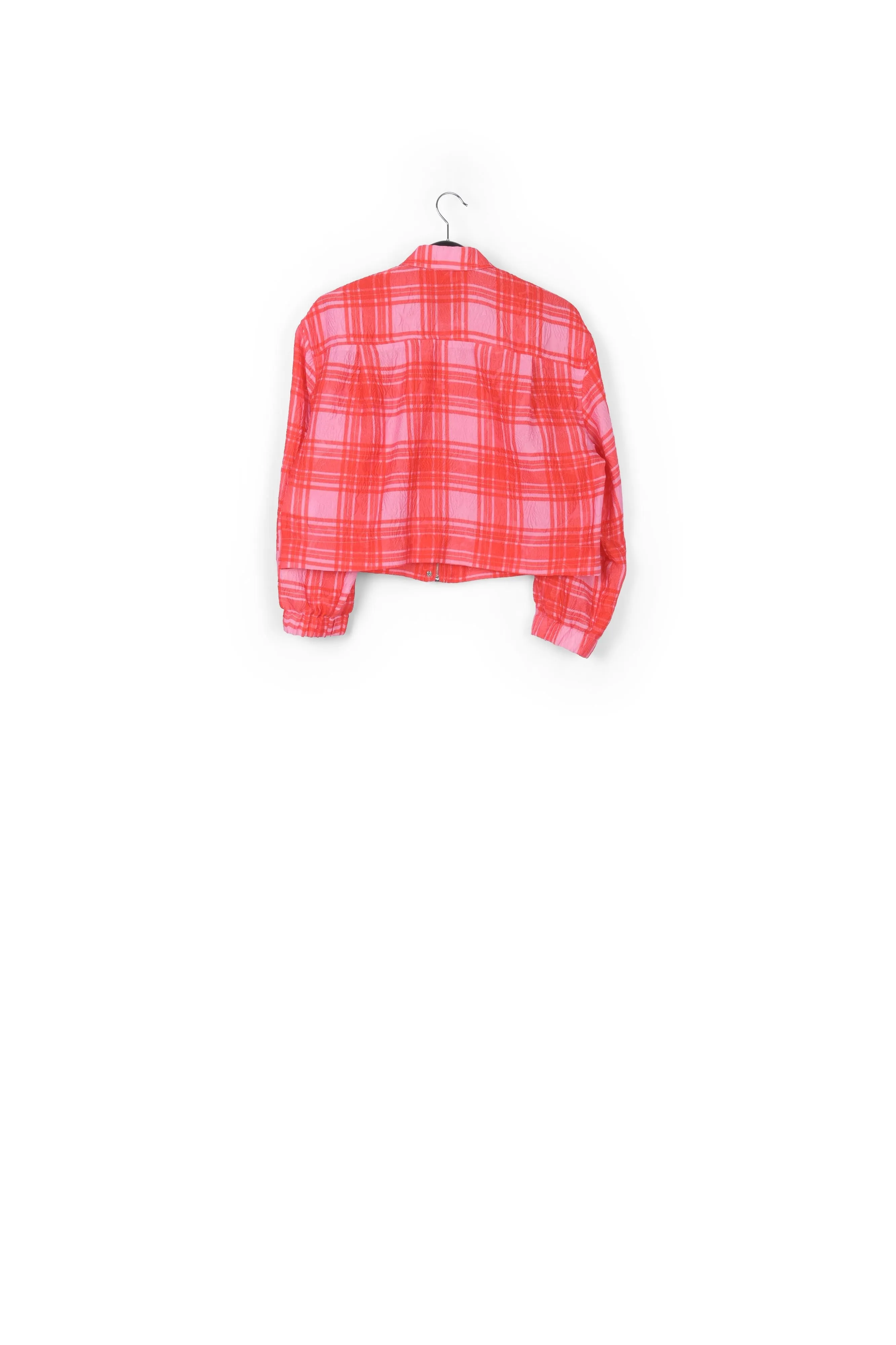 Pink and red checked cropped jacket
