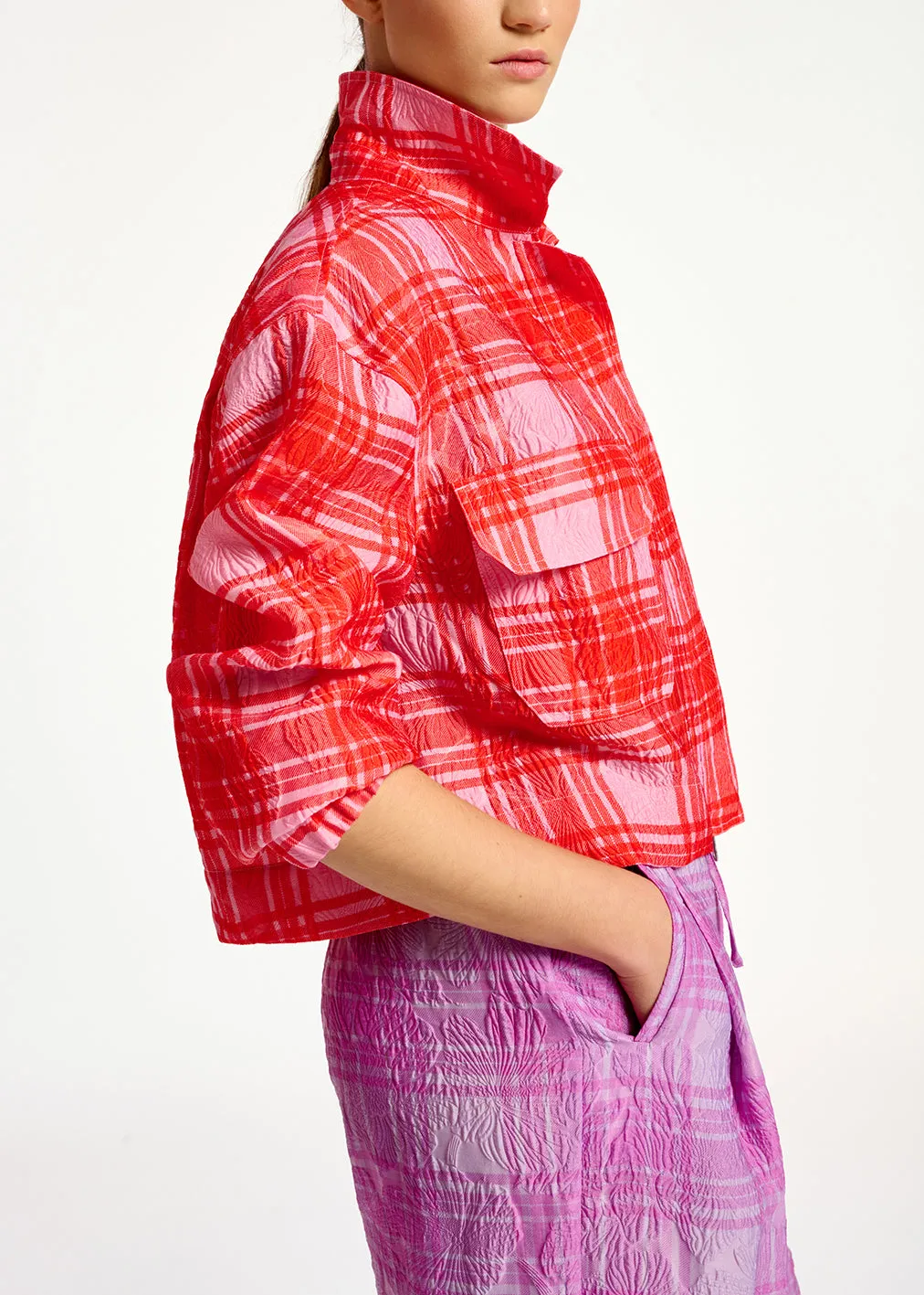 Pink and red checked cropped jacket