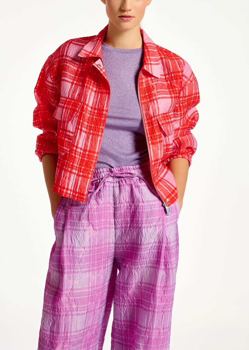 Pink and red checked cropped jacket