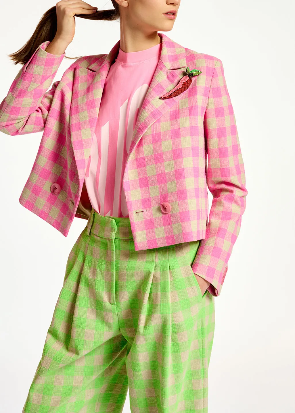 Pink checkered cropped blazer