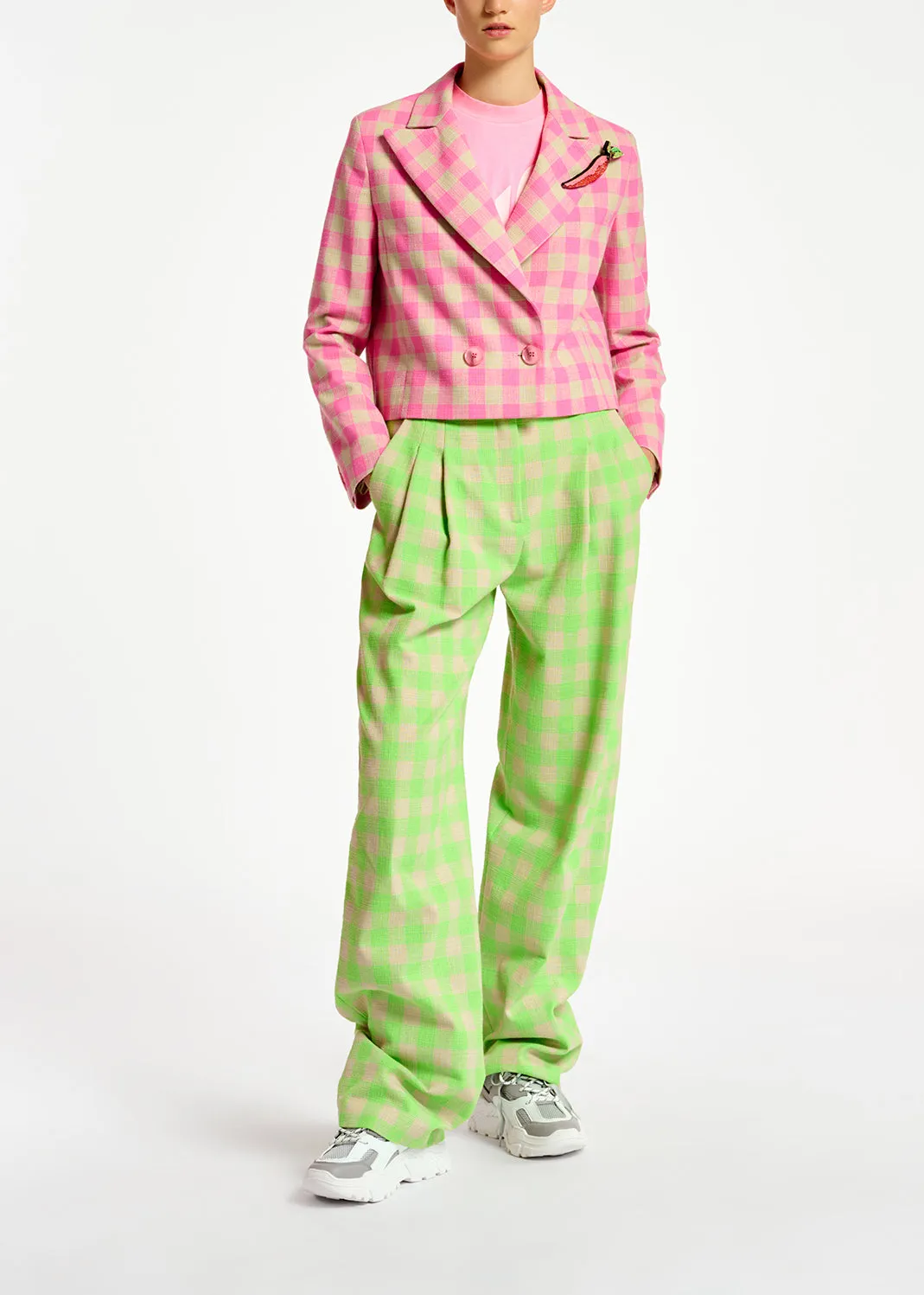Pink checkered cropped blazer