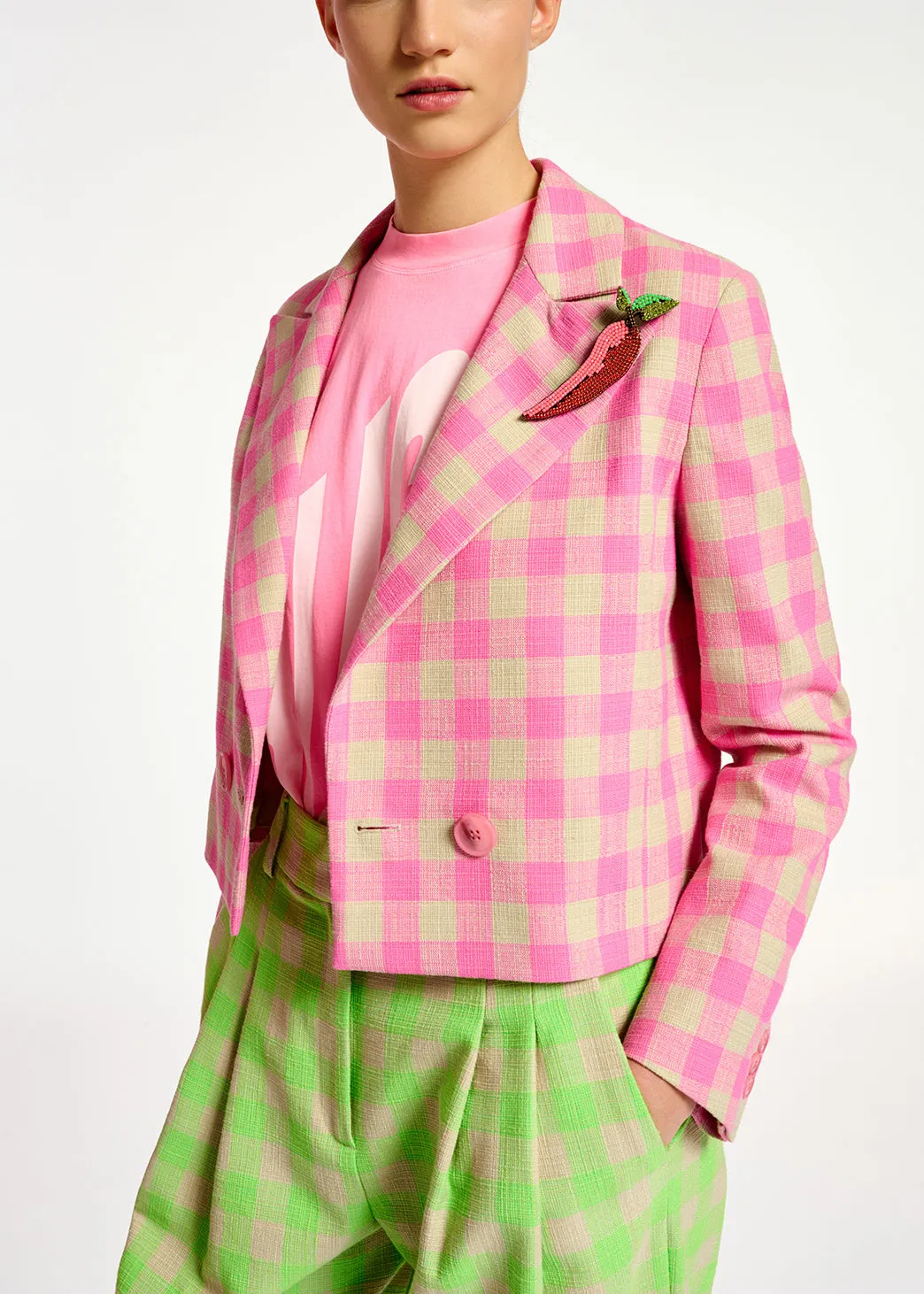 Pink checkered cropped blazer