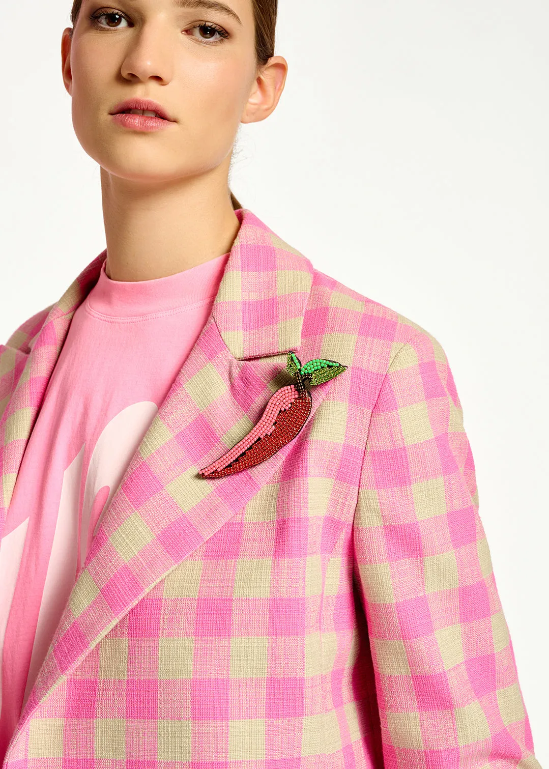 Pink checkered cropped blazer