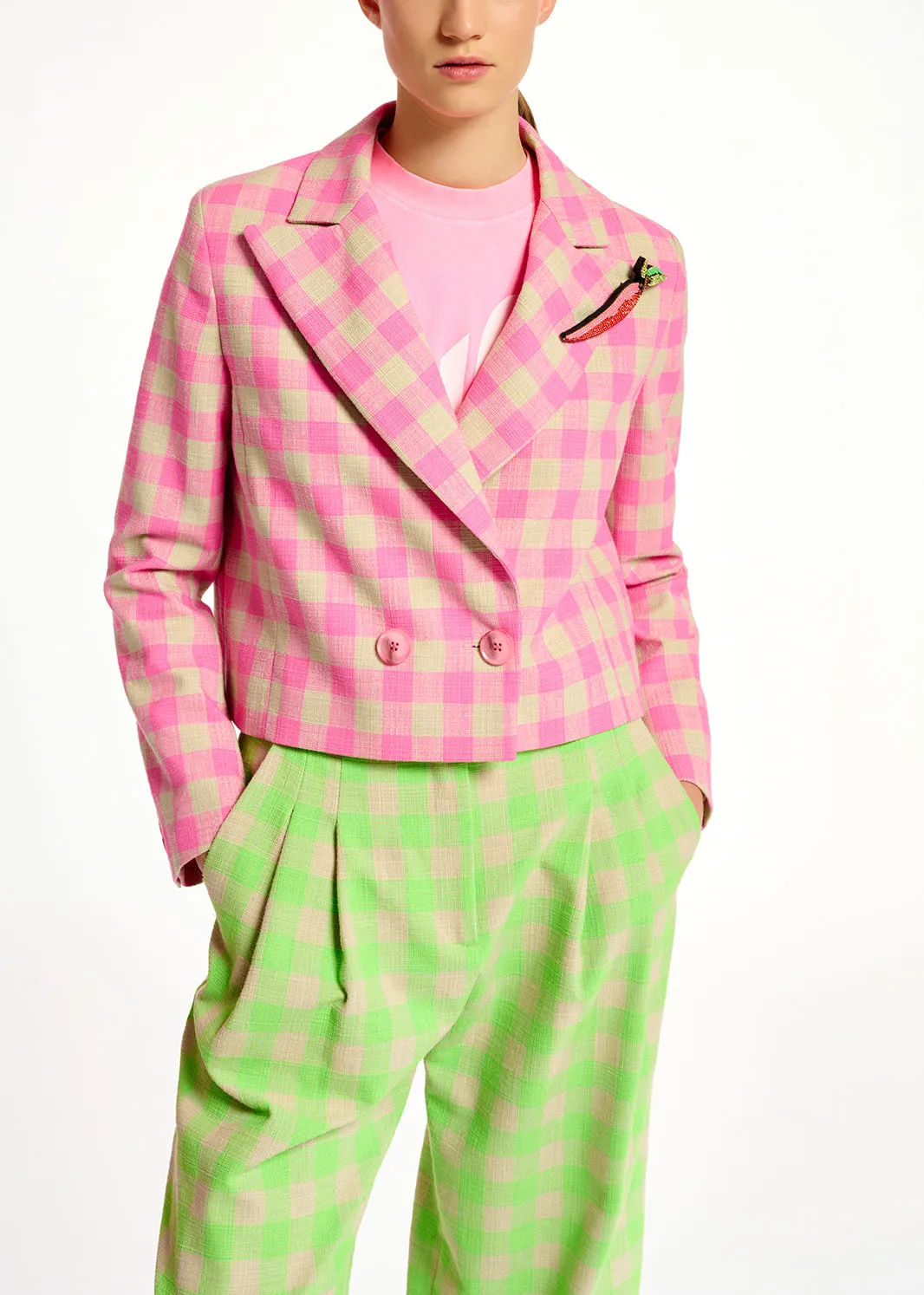 Pink checkered cropped blazer