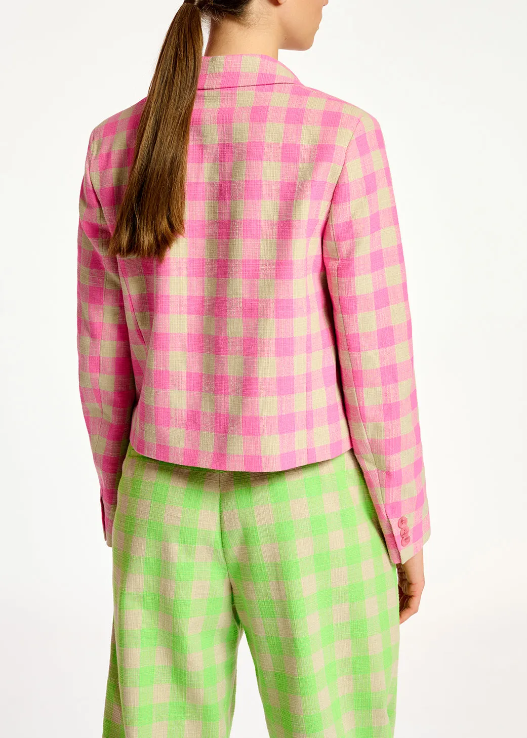 Pink checkered cropped blazer
