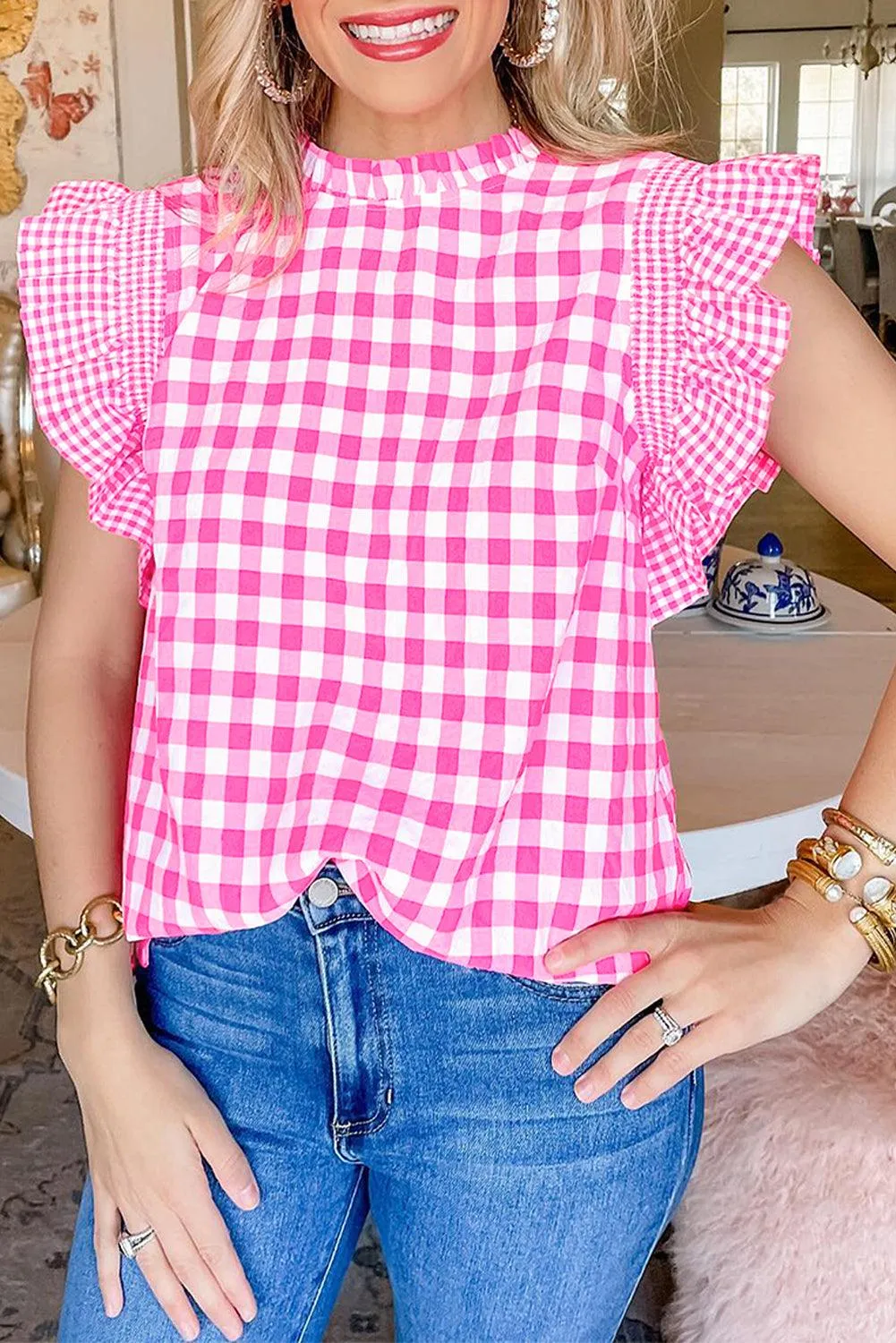 Pink Sassy Checkered Ruffled Blouse