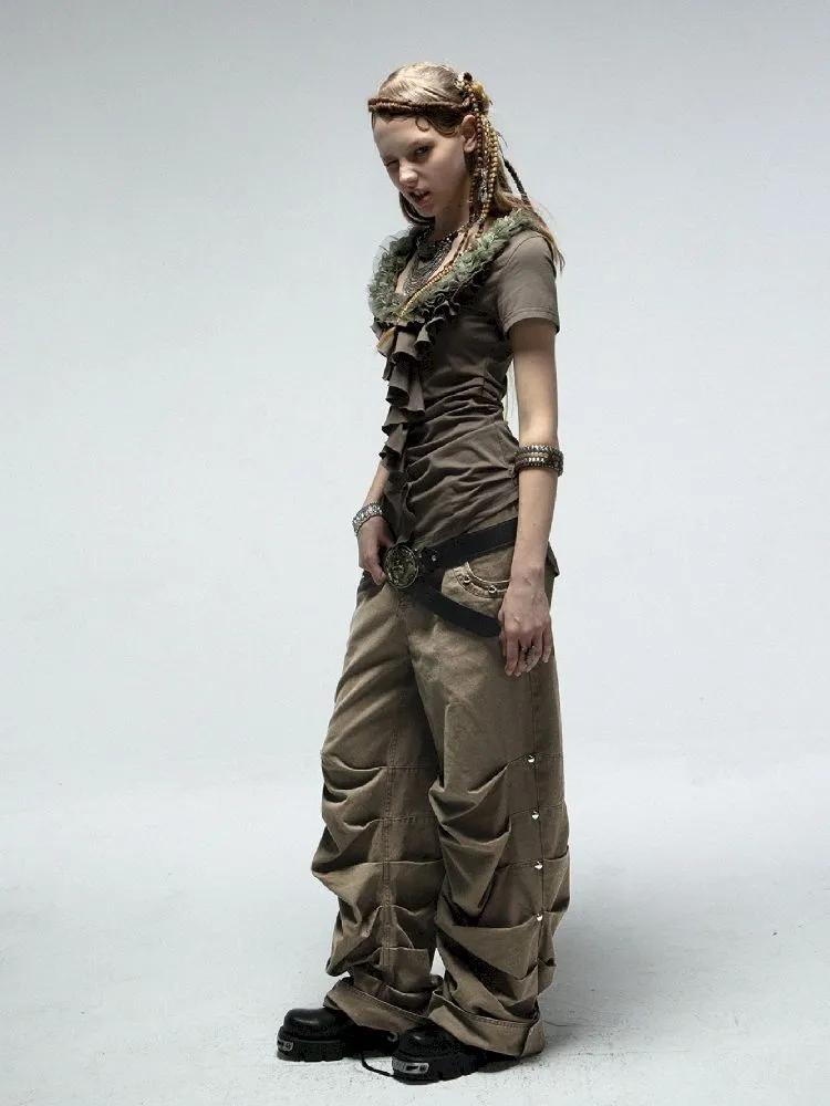 Pleated Studded Washed Cotton Trousers【s0000012211】