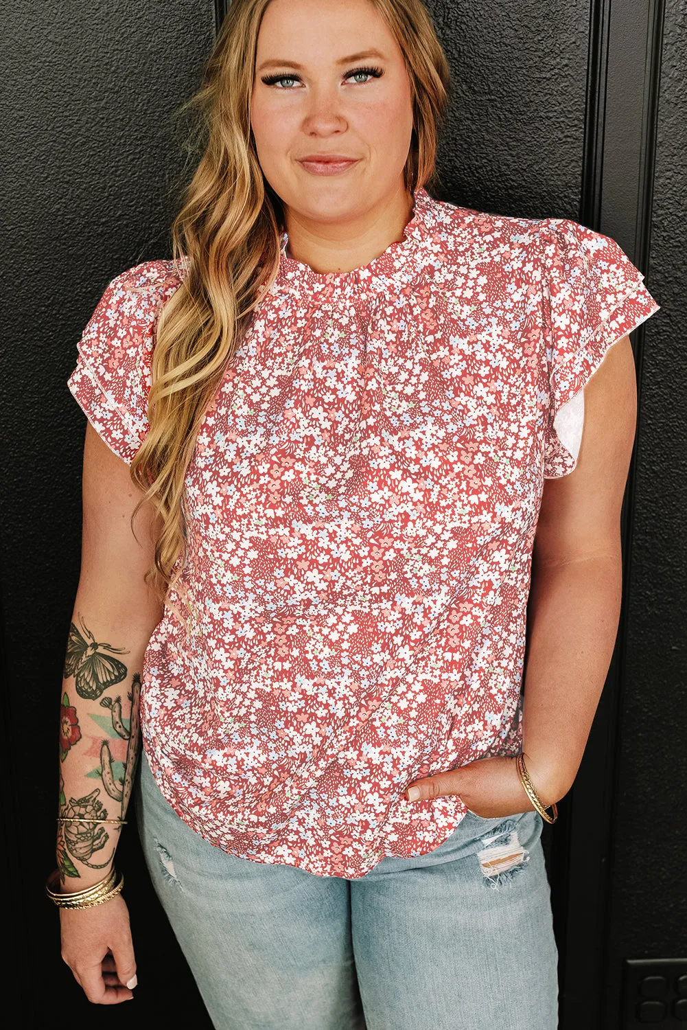 Plus Size Floral Frilled Neck Blouse