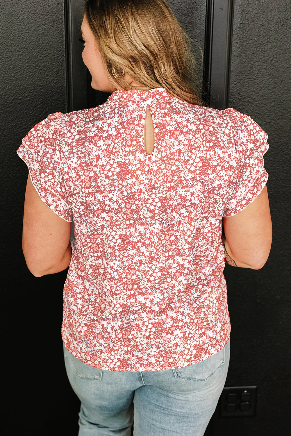 Plus Size Floral Frilled Neck Blouse